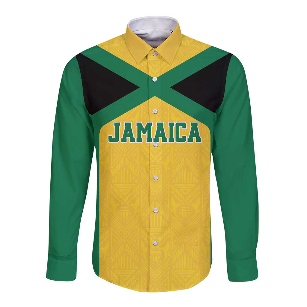 Jamaica Football Custom Long Sleeve Button Shirt Gold Ethnic Motifs - Wonder Print Shop