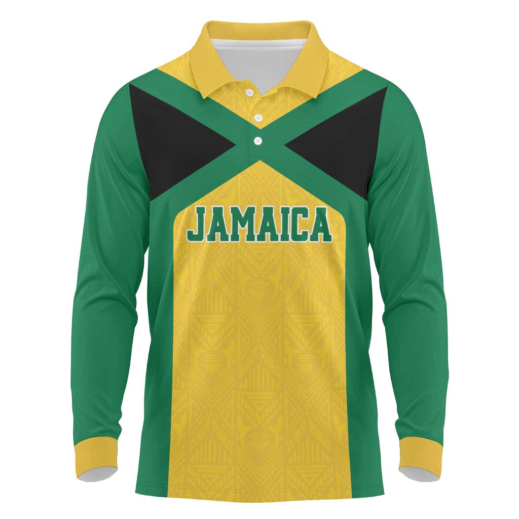 Jamaica Football Custom Long Sleeve Polo Shirt Gold Ethnic Motifs - Wonder Print Shop