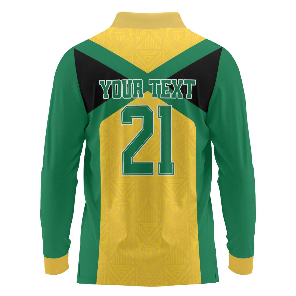 Jamaica Football Custom Long Sleeve Polo Shirt Gold Ethnic Motifs - Wonder Print Shop
