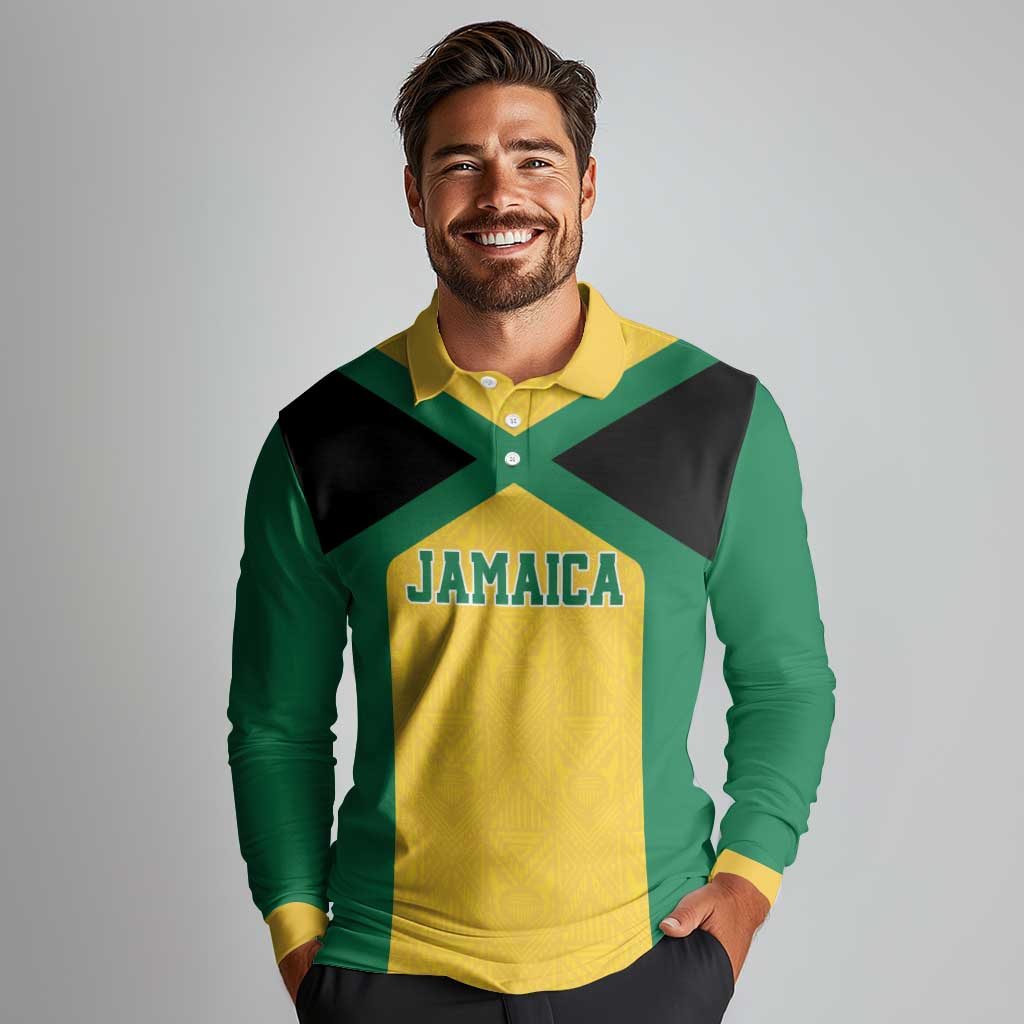 Jamaica Football Custom Long Sleeve Polo Shirt Gold Ethnic Motifs - Wonder Print Shop