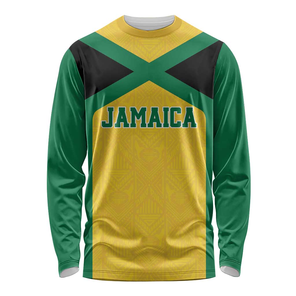 Jamaica Football Custom Long Sleeve Shirt Gold Ethnic Motifs - Wonder Print Shop
