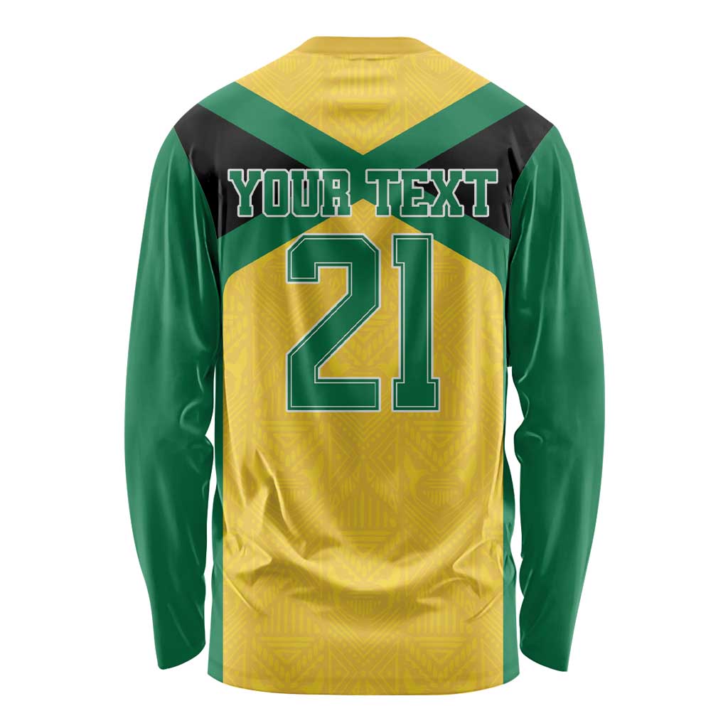 Jamaica Football Custom Long Sleeve Shirt Gold Ethnic Motifs - Wonder Print Shop