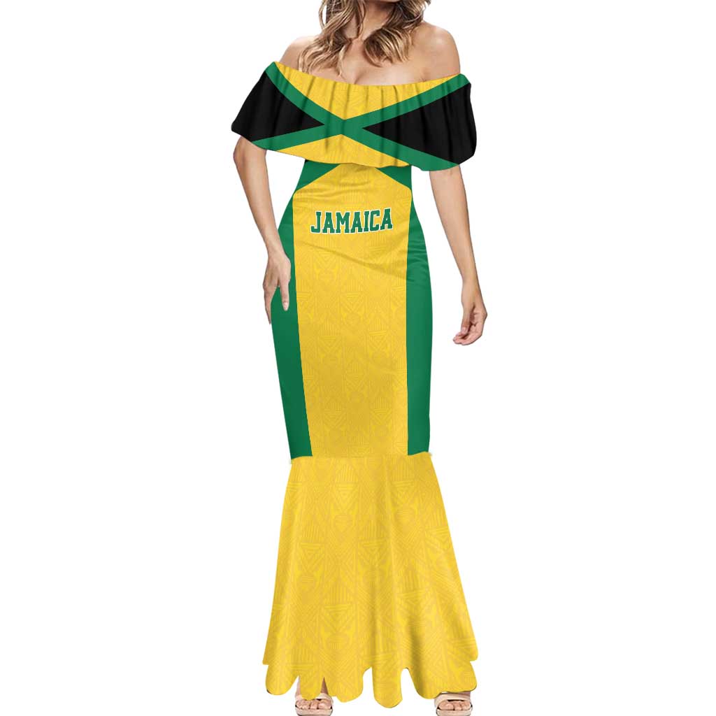 Jamaica Football Custom Mermaid Dress Gold Ethnic Motifs - Wonder Print Shop