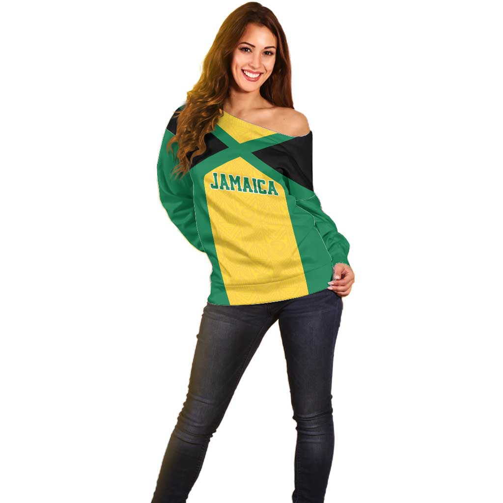 Jamaica Football Custom Off Shoulder Sweater Gold Ethnic Motifs - Wonder Print Shop