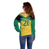 Jamaica Football Custom Off Shoulder Sweater Gold Ethnic Motifs - Wonder Print Shop