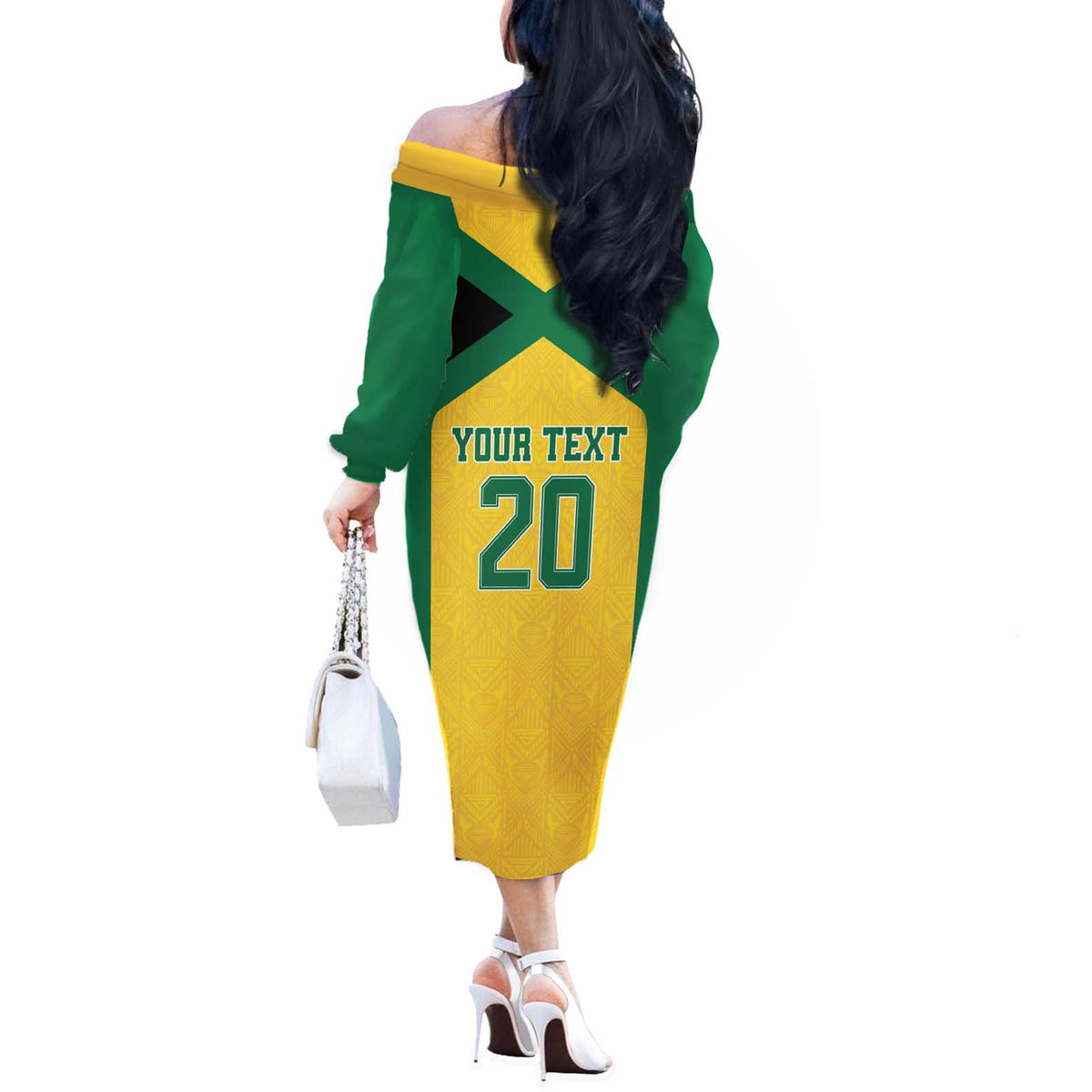 Jamaica Football Custom Off The Shoulder Long Sleeve Dress Gold Ethnic Motifs - Wonder Print Shop