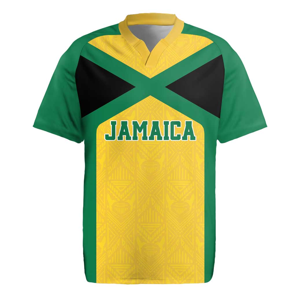 Jamaica Football Custom Rugby Jersey Gold Ethnic Motifs - Wonder Print Shop
