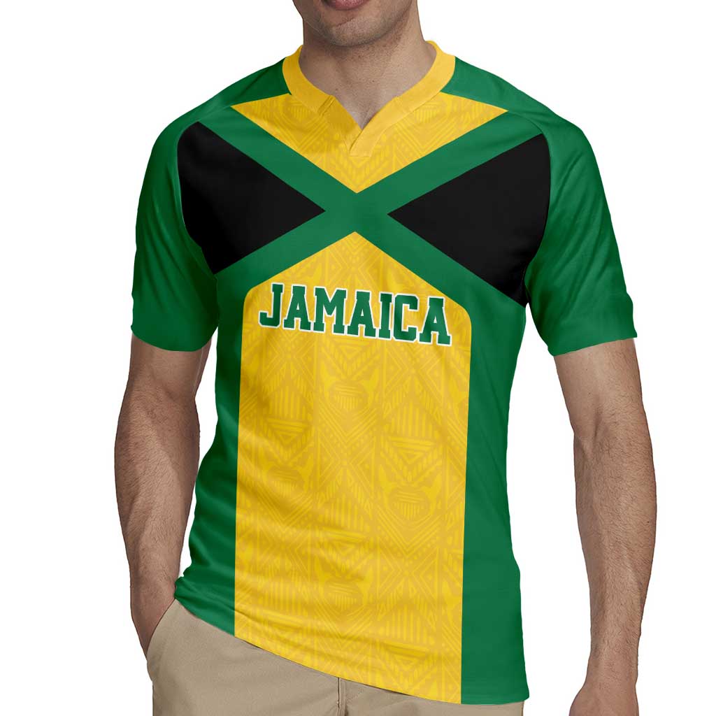 Jamaica Football Custom Rugby Jersey Gold Ethnic Motifs - Wonder Print Shop