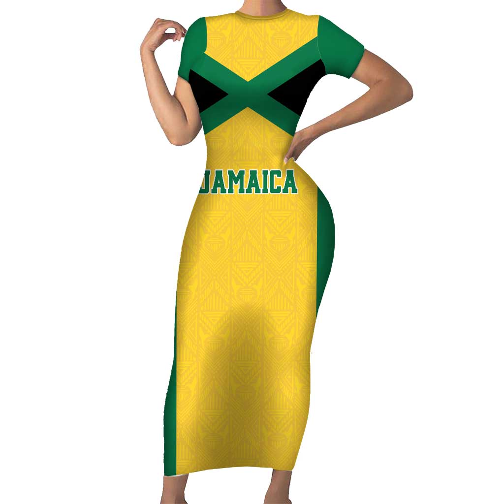 Jamaica Football Custom Short Sleeve Bodycon Dress Gold Ethnic Motifs - Wonder Print Shop