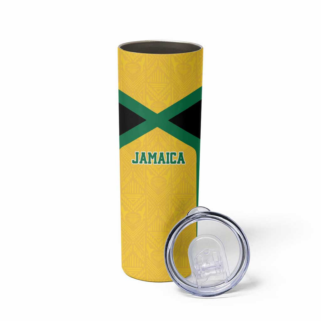 Jamaica Football Custom Skinny Tumbler Gold Ethnic Motifs - Wonder Print Shop
