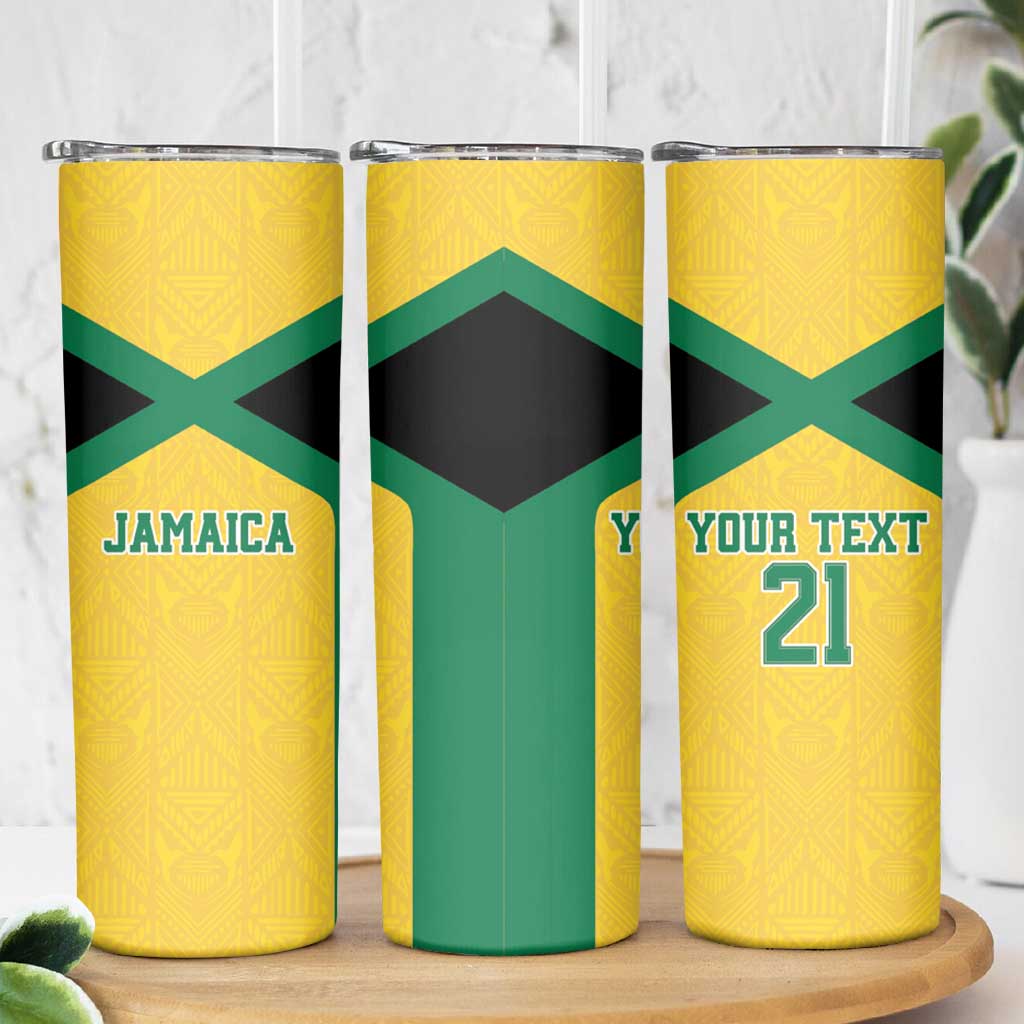 Jamaica Football Custom Skinny Tumbler Gold Ethnic Motifs - Wonder Print Shop