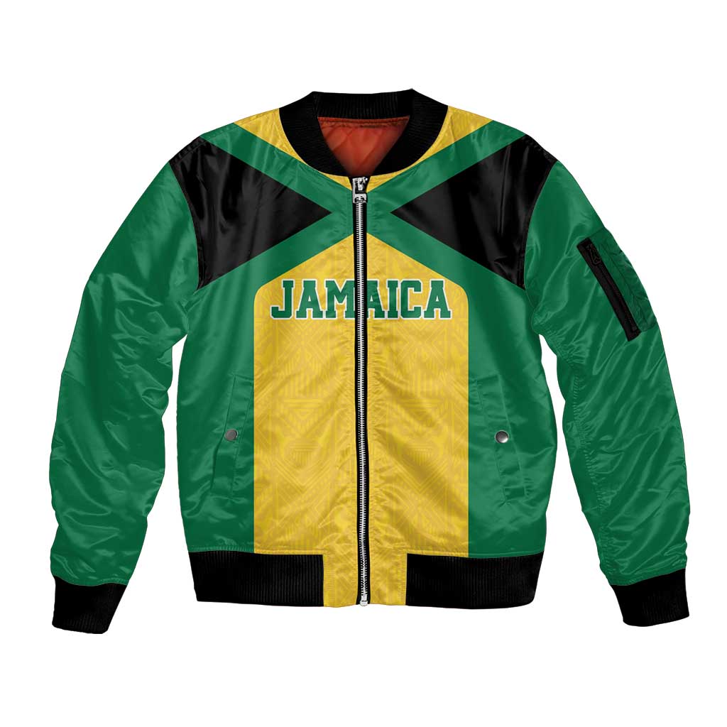 Jamaica Football Custom Sleeve Zip Bomber Jacket Gold Ethnic Motifs - Wonder Print Shop