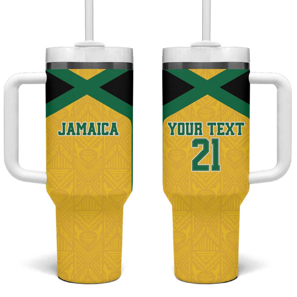 Jamaica Football Custom Tumbler With Handle Gold Ethnic Motifs - Wonder Print Shop