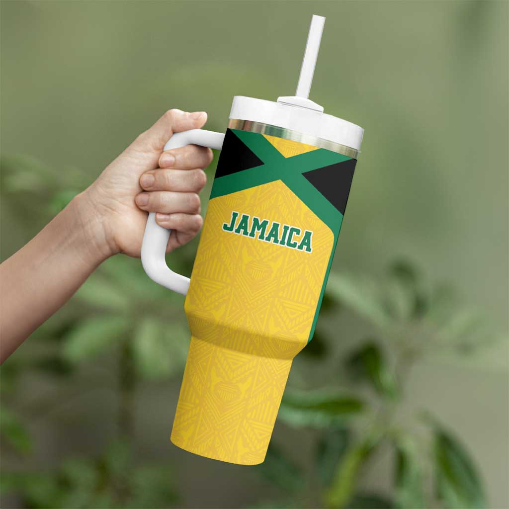 Jamaica Football Custom Tumbler With Handle Gold Ethnic Motifs - Wonder Print Shop