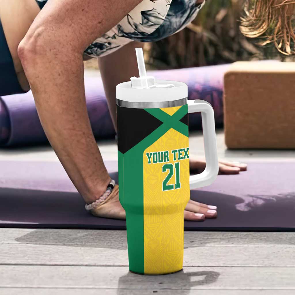 Jamaica Football Custom Tumbler With Handle Gold Ethnic Motifs - Wonder Print Shop