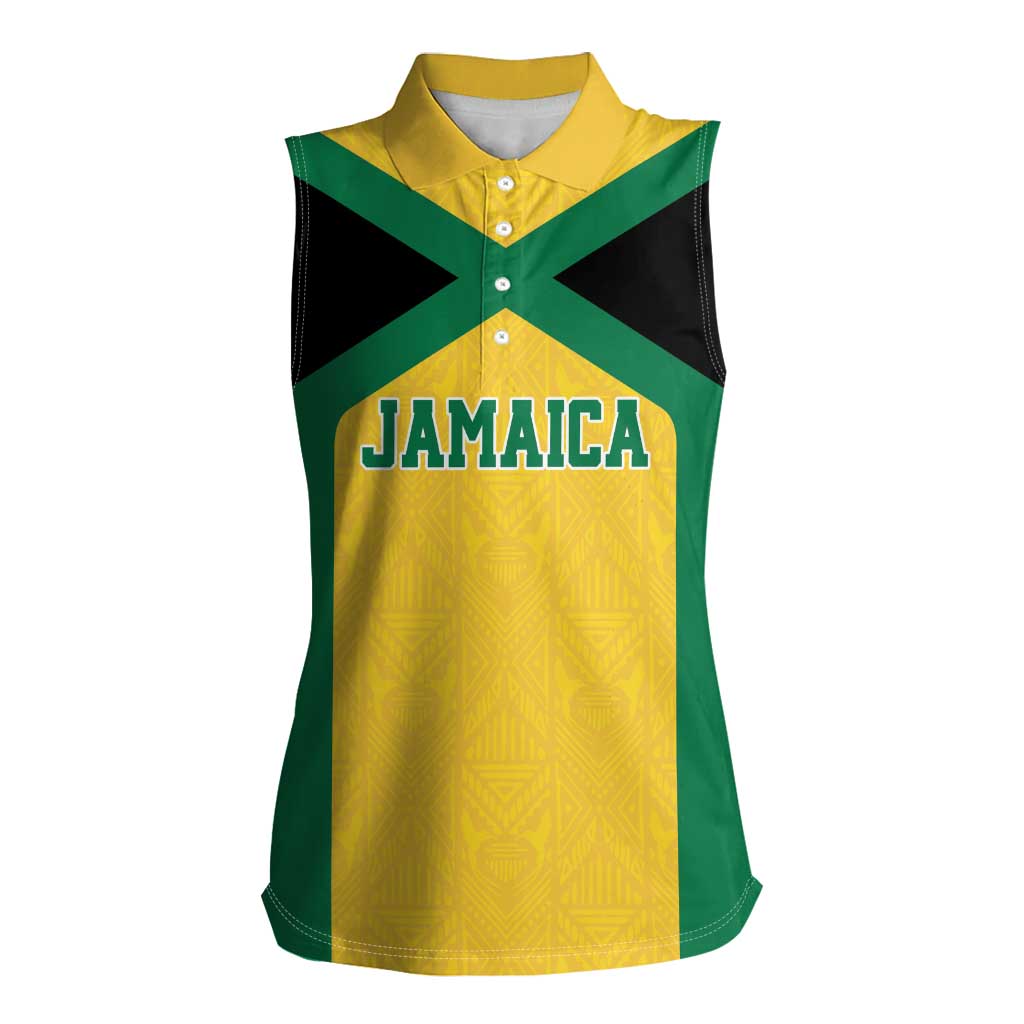 Jamaica Football Custom Women Sleeveless Polo Shirt Gold Ethnic Motifs - Wonder Print Shop