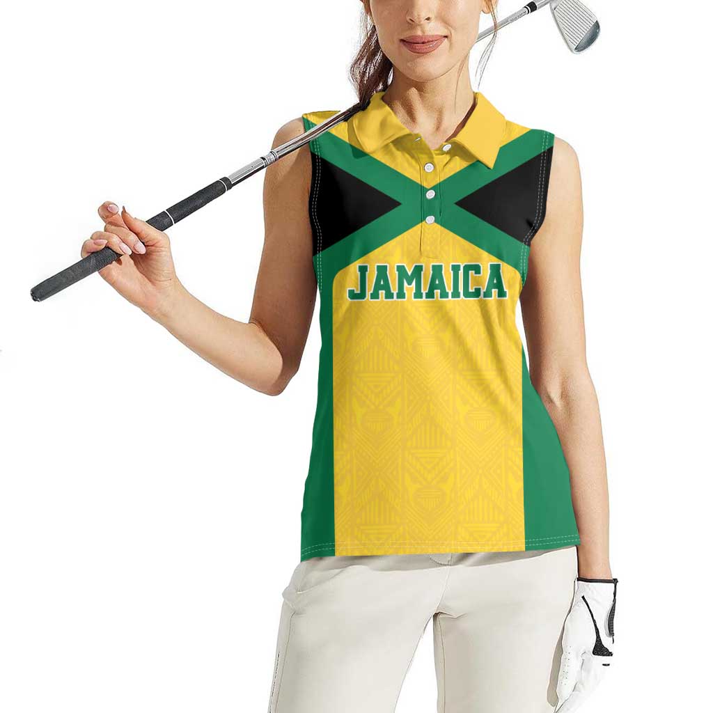 Jamaica Football Custom Women Sleeveless Polo Shirt Gold Ethnic Motifs - Wonder Print Shop
