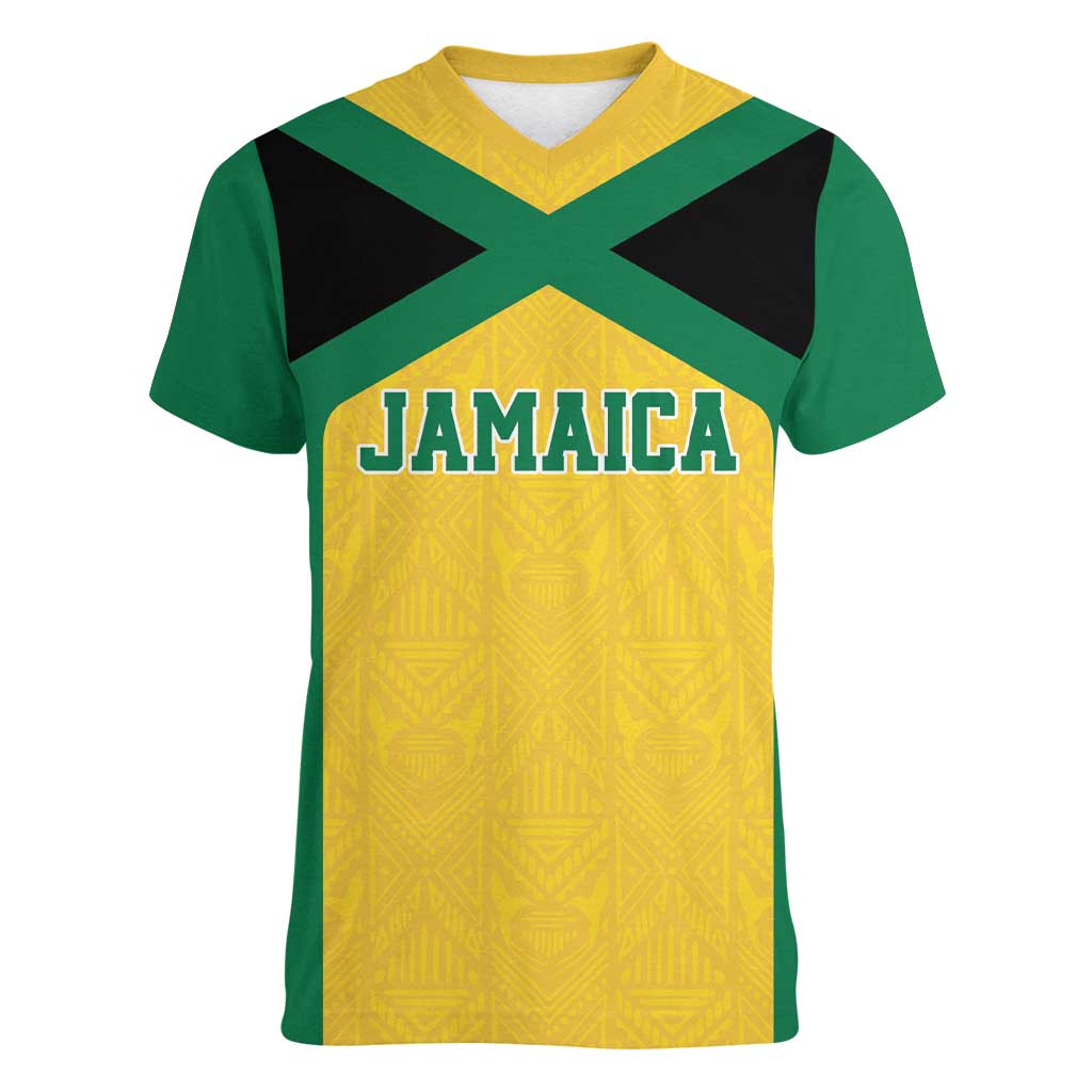Jamaica Football Custom Women V-Neck T-Shirt Gold Ethnic Motifs - Wonder Print Shop