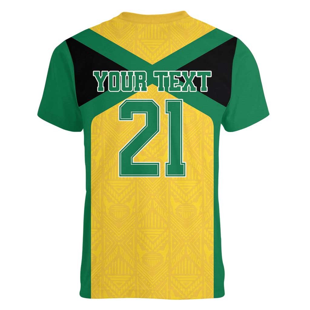 Jamaica Football Custom Women V-Neck T-Shirt Gold Ethnic Motifs - Wonder Print Shop