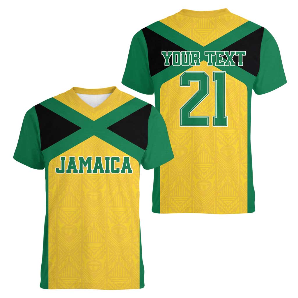 Jamaica Football Custom Women V-Neck T-Shirt Gold Ethnic Motifs - Wonder Print Shop