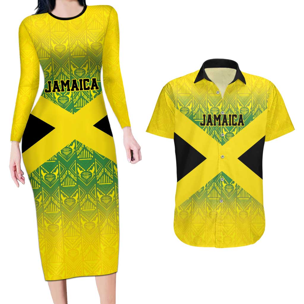Custom Jamaica Reggae Boyz Couples Matching Long Sleeve Bodycon Dress and Hawaiian Shirt With Traditional Pattern LT9 - Wonder Print Shop