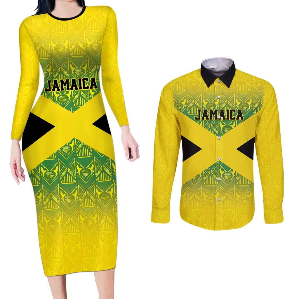Custom Jamaica Reggae Boyz Couples Matching Long Sleeve Bodycon Dress and Long Sleeve Button Shirt With Traditional Pattern LT9 - Wonder Print Shop
