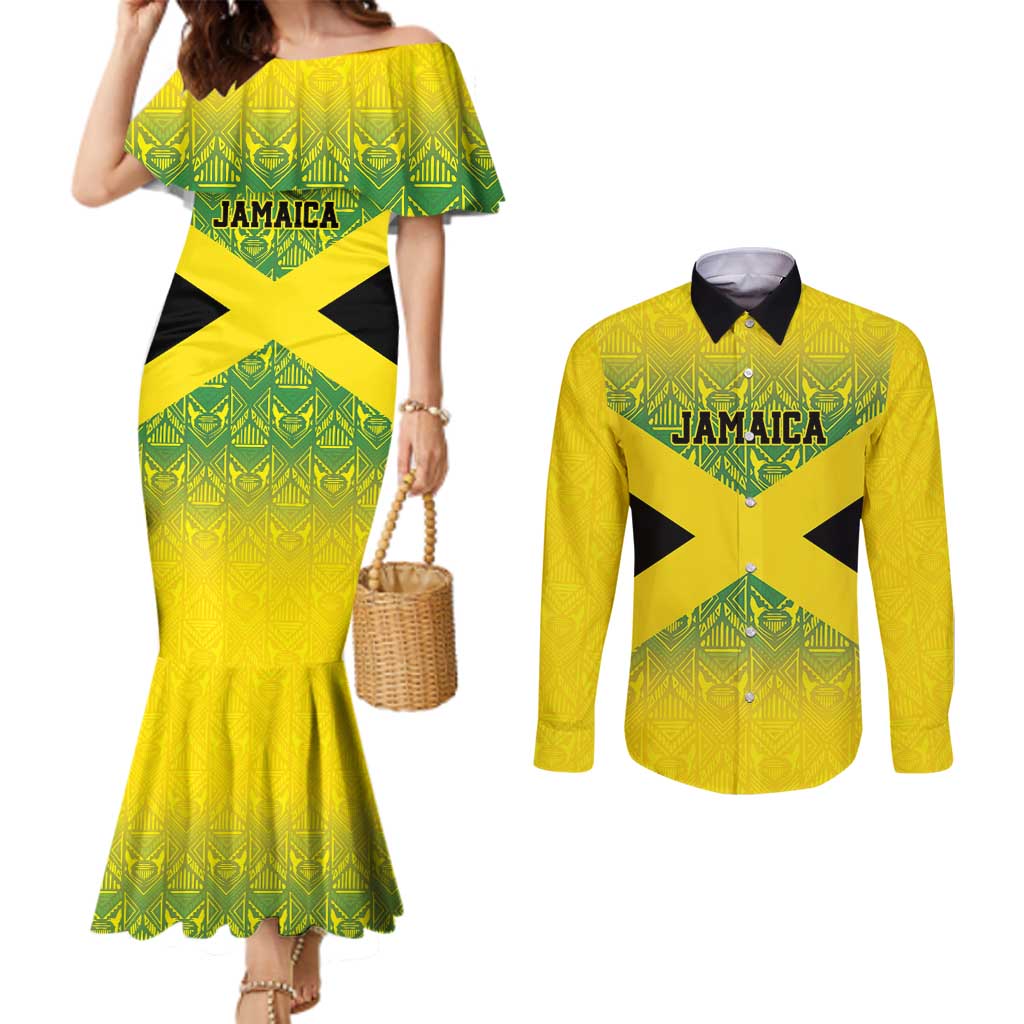 Custom Jamaica Reggae Boyz Couples Matching Mermaid Dress and Long Sleeve Button Shirt With Traditional Pattern