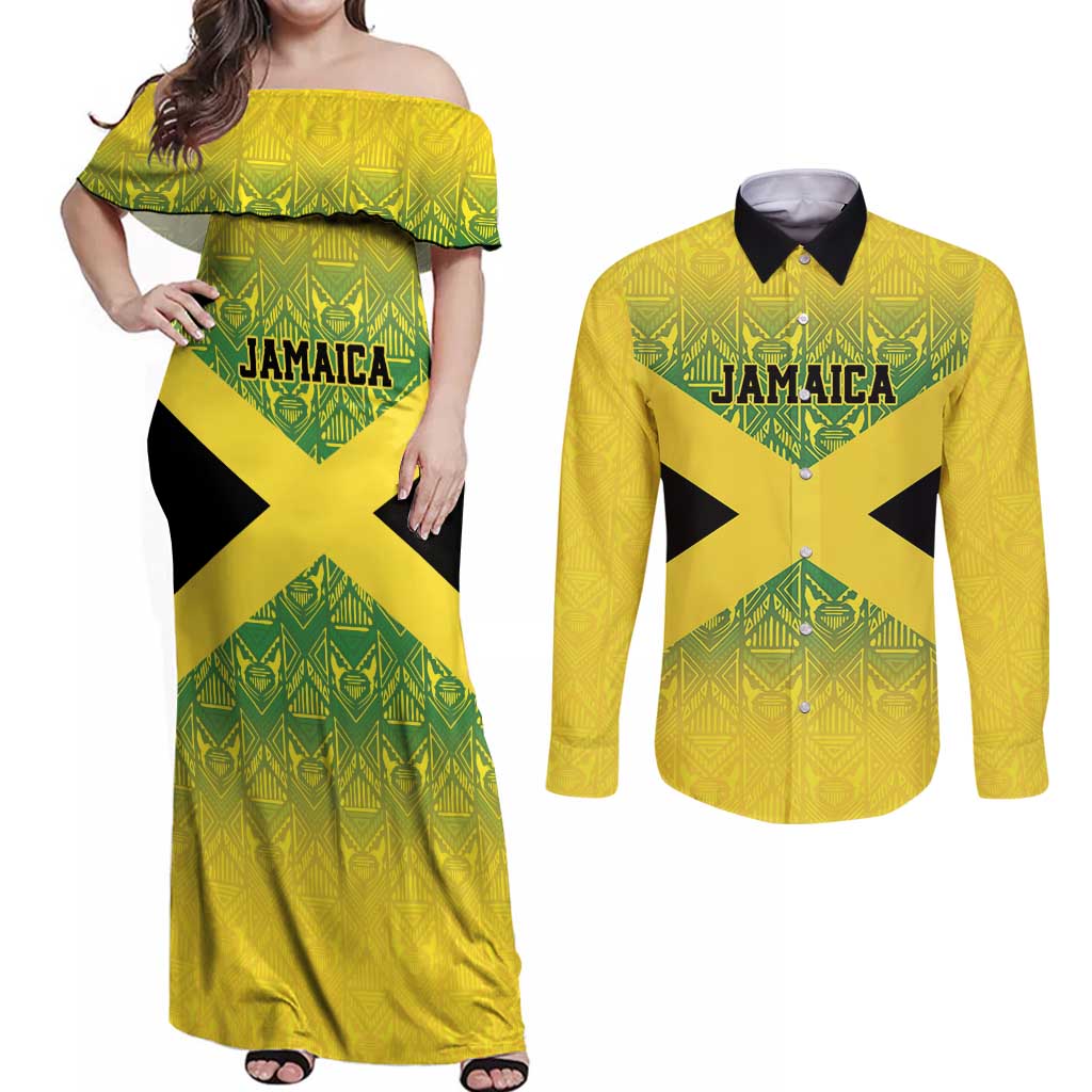Custom Jamaica Reggae Boyz Couples Matching Off Shoulder Maxi Dress and Long Sleeve Button Shirt With Traditional Pattern LT9 - Wonder Print Shop