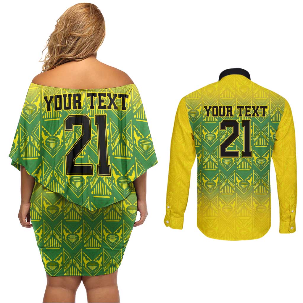 Custom Jamaica Reggae Boyz Couples Matching Off Shoulder Short Dress and Long Sleeve Button Shirt With Traditional Pattern LT9 - Wonder Print Shop