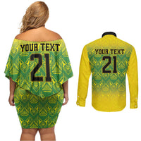 Custom Jamaica Reggae Boyz Couples Matching Off Shoulder Short Dress and Long Sleeve Button Shirt With Traditional Pattern LT9 - Wonder Print Shop