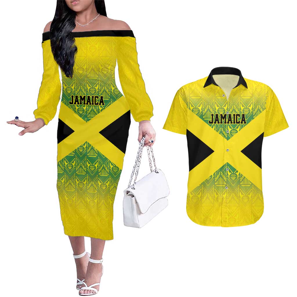 Custom Jamaica Reggae Boyz Couples Matching Off The Shoulder Long Sleeve Dress and Hawaiian Shirt With Traditional Pattern LT9 - Wonder Print Shop