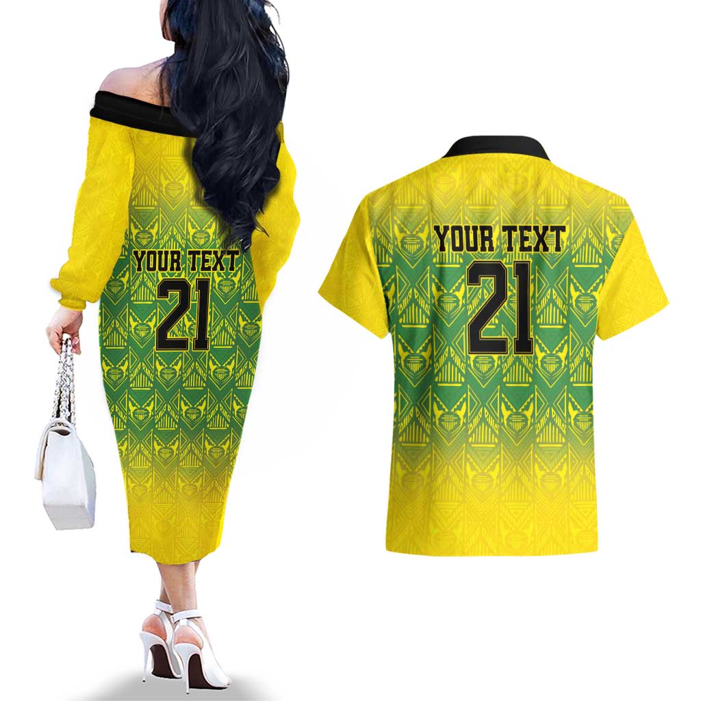 Custom Jamaica Reggae Boyz Couples Matching Off The Shoulder Long Sleeve Dress and Hawaiian Shirt With Traditional Pattern LT9 - Wonder Print Shop