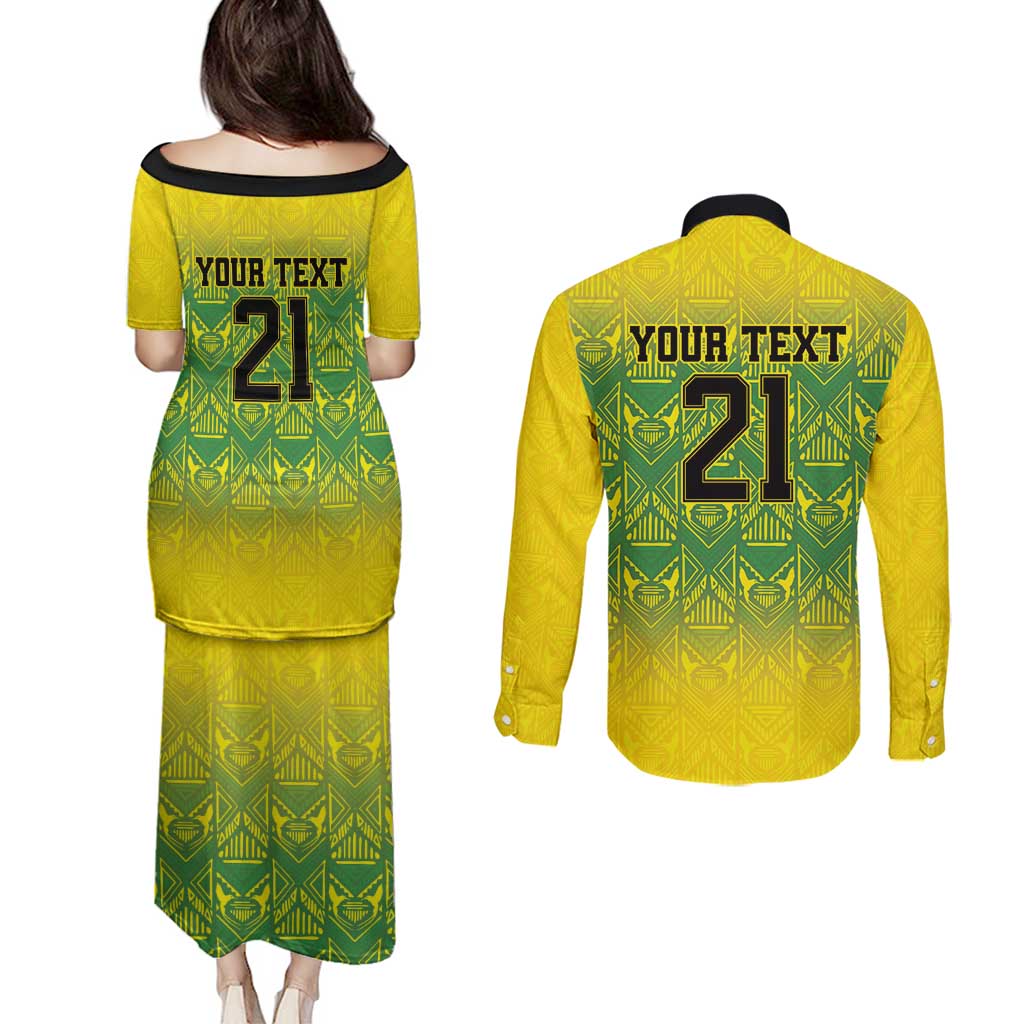 Custom Jamaica Reggae Boyz Couples Matching Puletasi and Long Sleeve Button Shirt With Traditional Pattern LT9 - Wonder Print Shop