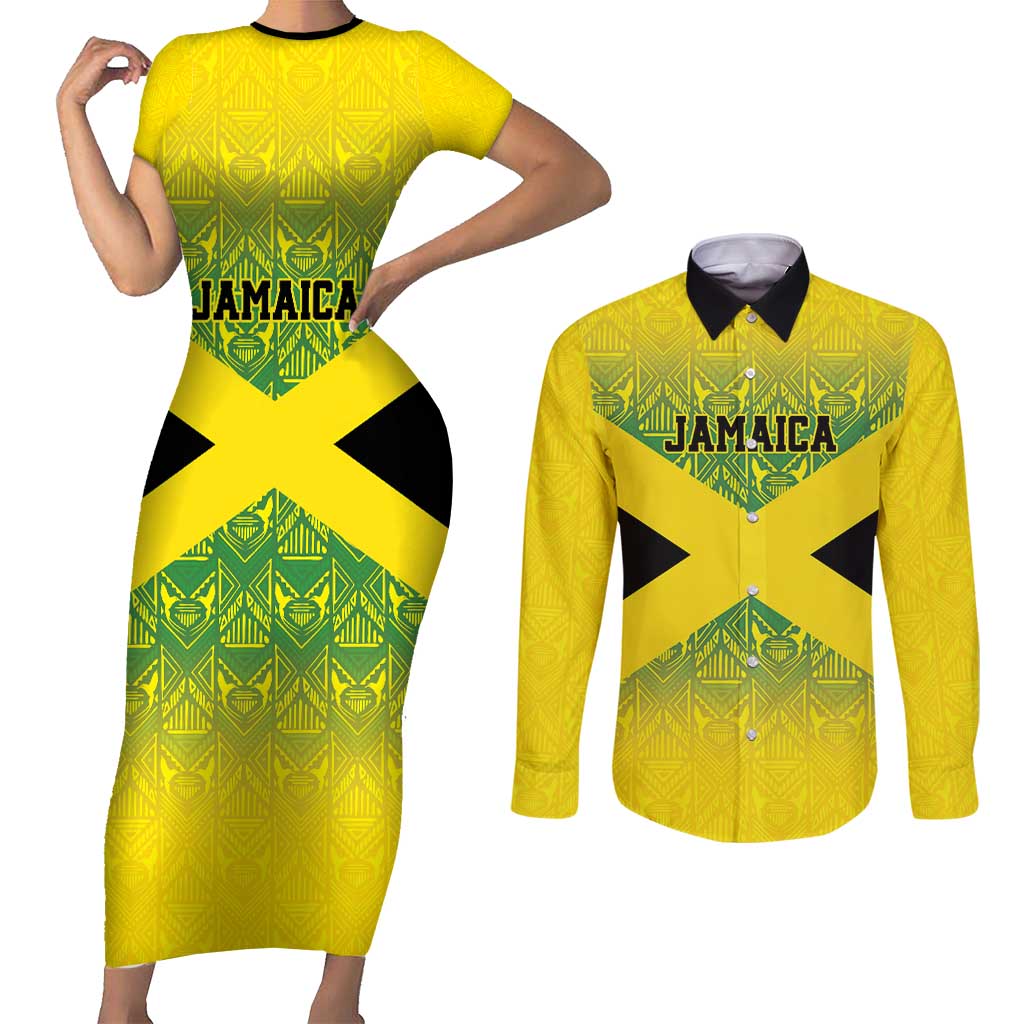 Custom Jamaica Reggae Boyz Couples Matching Short Sleeve Bodycon Dress and Long Sleeve Button Shirt With Traditional Pattern LT9 - Wonder Print Shop