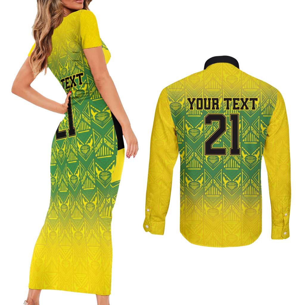 Custom Jamaica Reggae Boyz Couples Matching Short Sleeve Bodycon Dress and Long Sleeve Button Shirt With Traditional Pattern LT9 - Wonder Print Shop