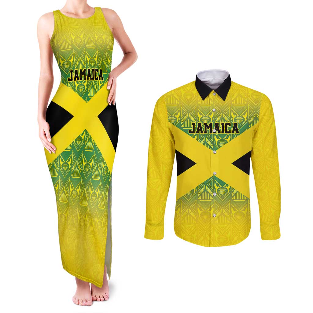 Custom Jamaica Reggae Boyz Couples Matching Tank Maxi Dress and Long Sleeve Button Shirt With Traditional Pattern LT9 - Wonder Print Shop