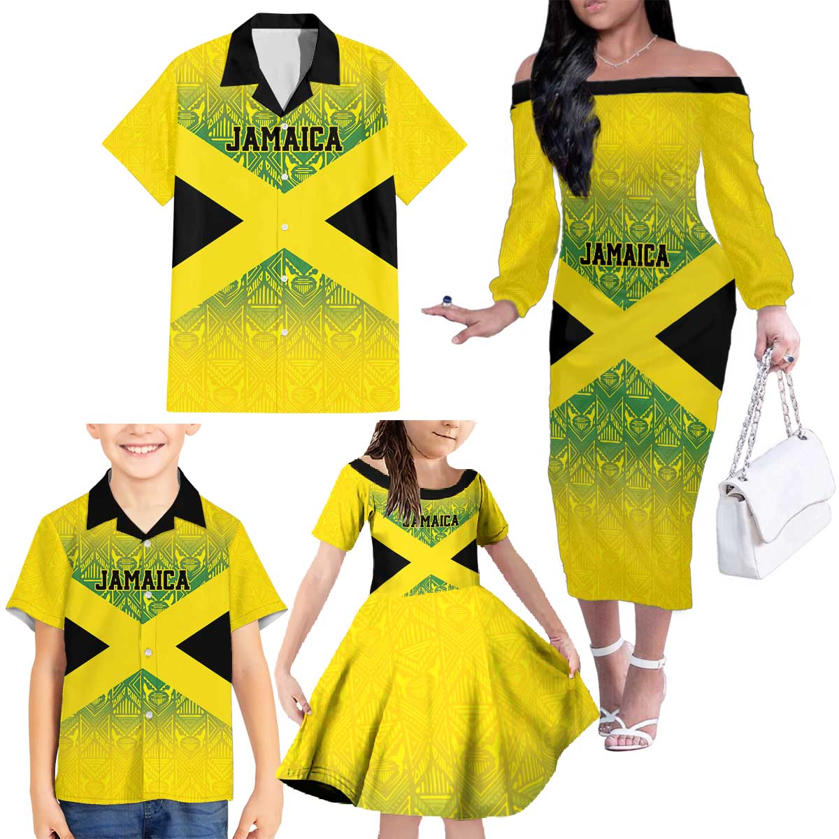Custom Jamaica Reggae Boyz Family Matching Off The Shoulder Long Sleeve Dress and Hawaiian Shirt With Traditional Pattern - Wonder Print Shop