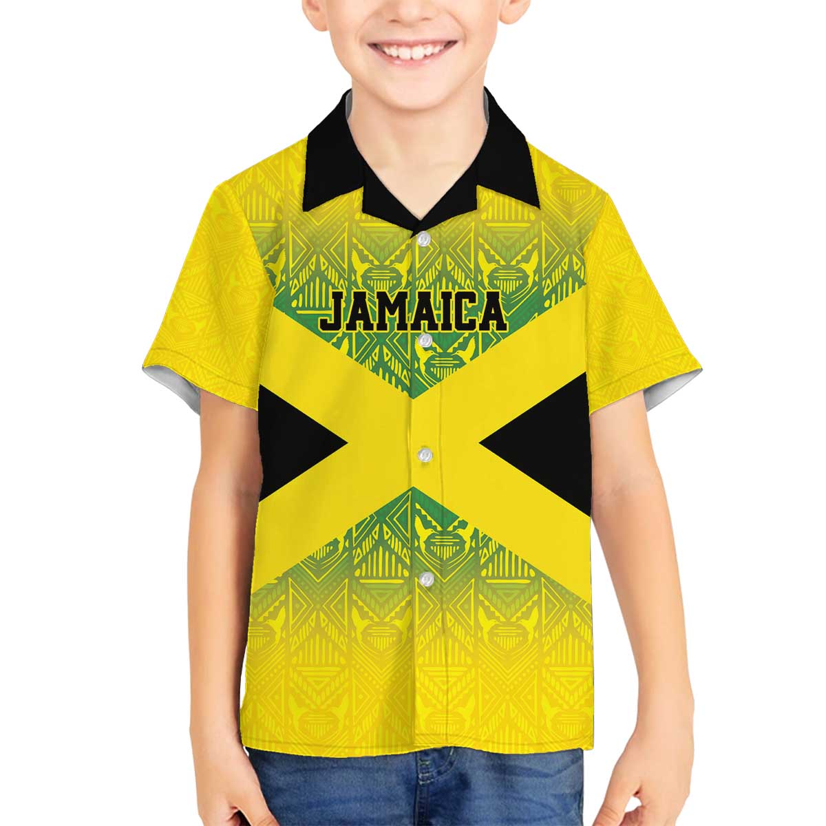 Custom Jamaica Reggae Boyz Family Matching Off The Shoulder Long Sleeve Dress and Hawaiian Shirt With Traditional Pattern - Wonder Print Shop