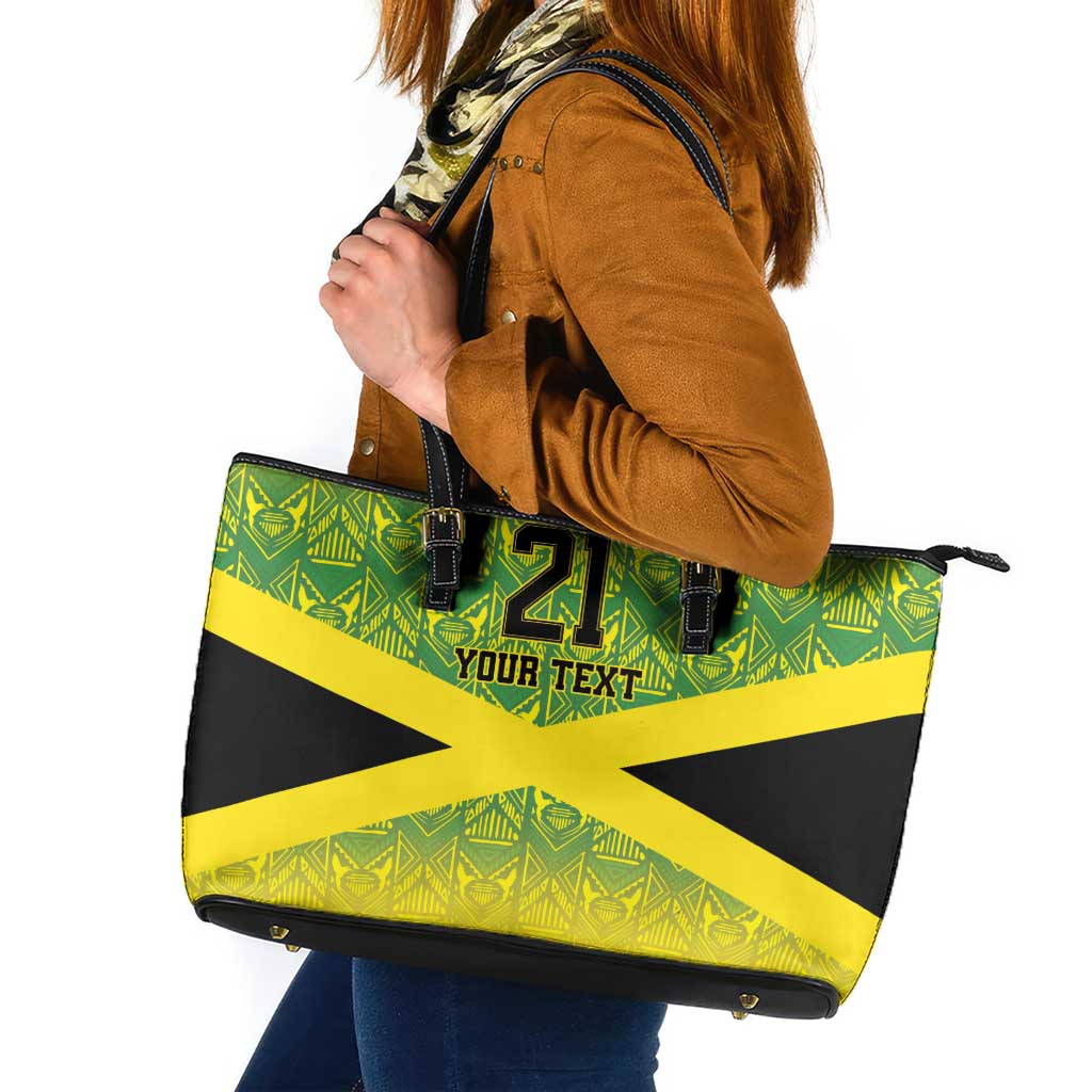 Custom Jamaica Reggae Boyz Leather Tote Bag With Traditional Pattern - Wonder Print Shop