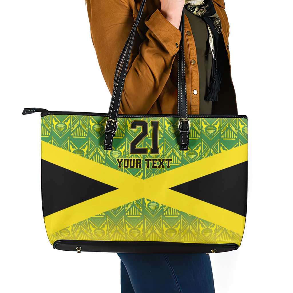 Custom Jamaica Reggae Boyz Leather Tote Bag With Traditional Pattern - Wonder Print Shop