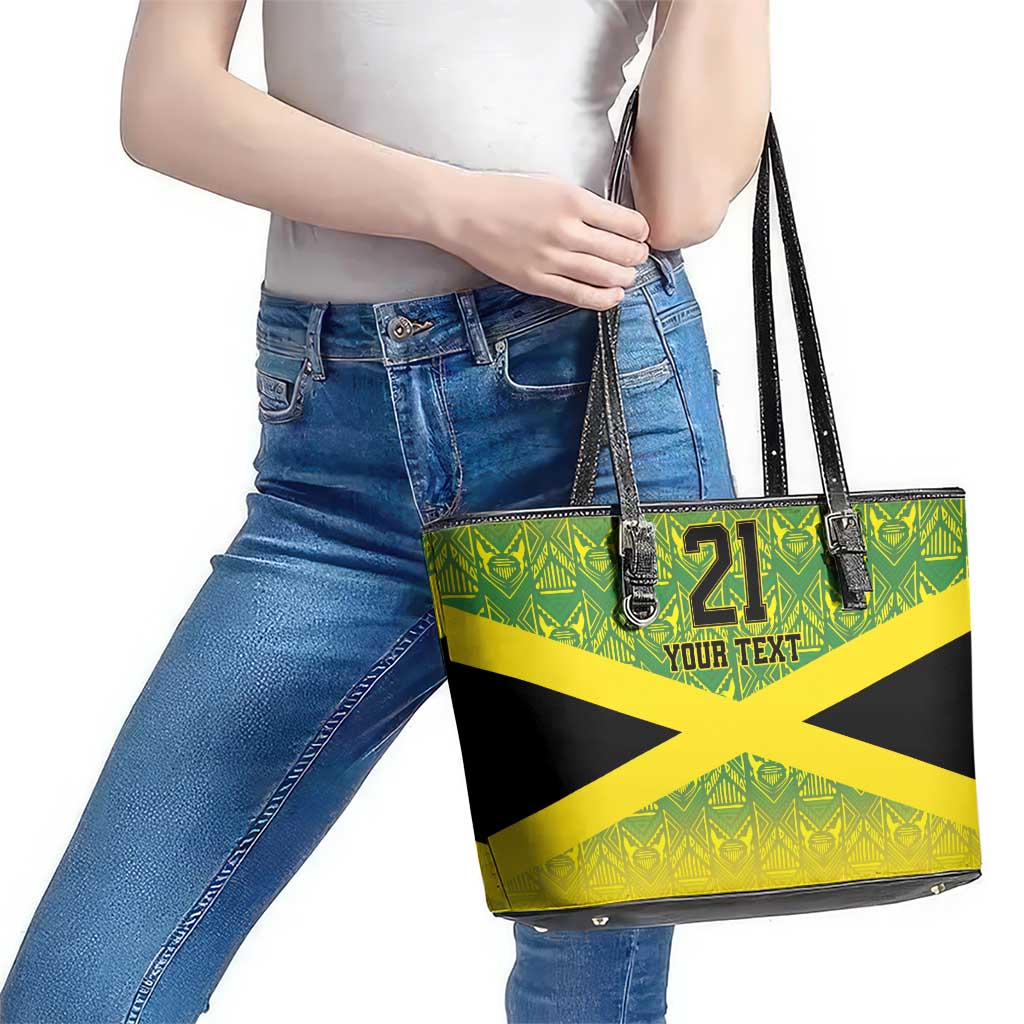 Custom Jamaica Reggae Boyz Leather Tote Bag With Traditional Pattern - Wonder Print Shop