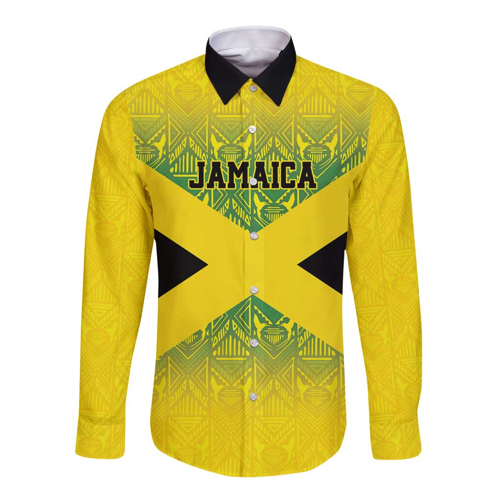 Custom Jamaica Reggae Boyz Long Sleeve Button Shirt With Traditional Pattern - Wonder Print Shop