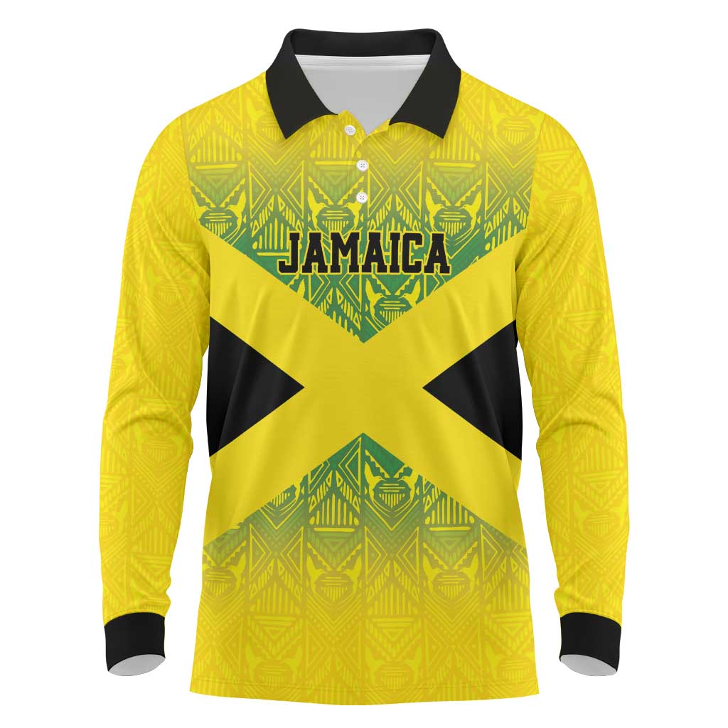Custom Jamaica Reggae Boyz Long Sleeve Polo Shirt With Traditional Pattern - Wonder Print Shop