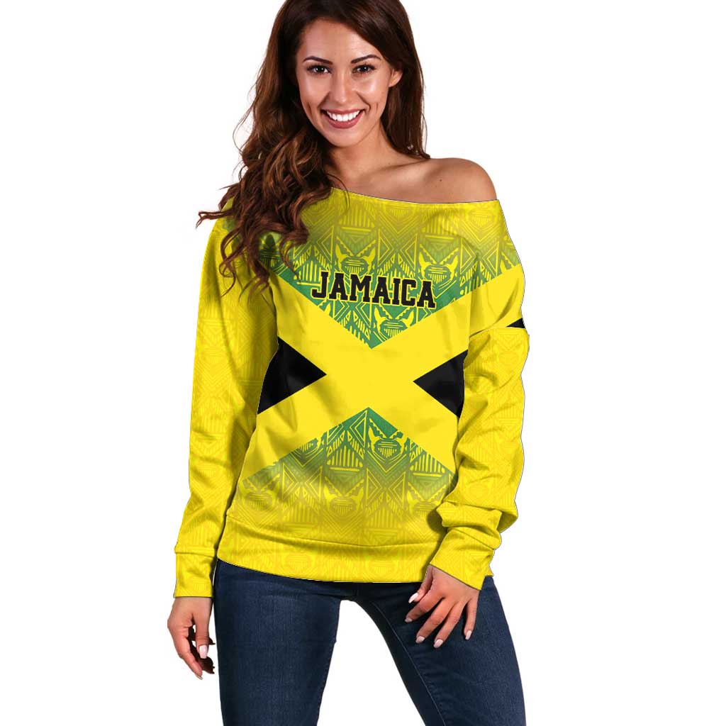 Custom Jamaica Reggae Boyz Off Shoulder Sweater With Traditional Pattern - Wonder Print Shop