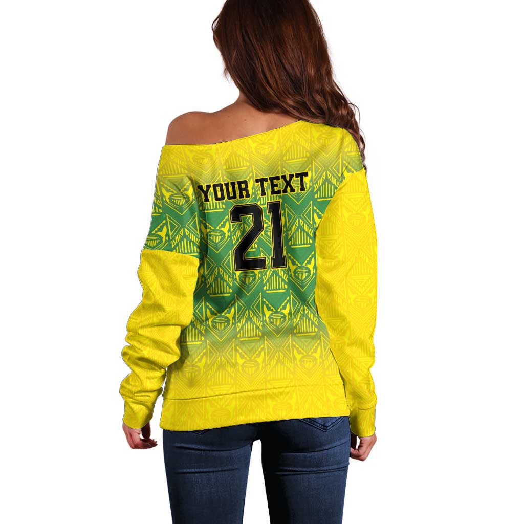 Custom Jamaica Reggae Boyz Off Shoulder Sweater With Traditional Pattern - Wonder Print Shop