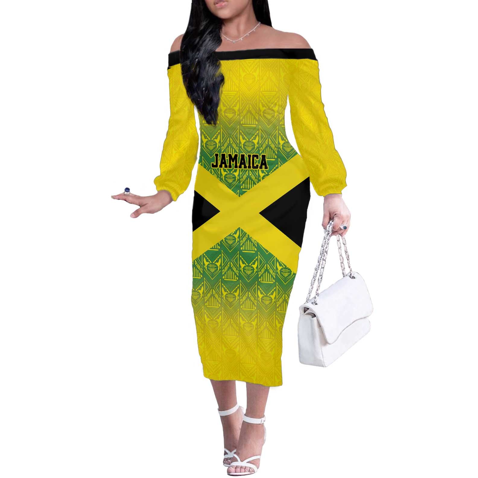 Custom Jamaica Reggae Boyz Off The Shoulder Long Sleeve Dress With Traditional Pattern - Wonder Print Shop
