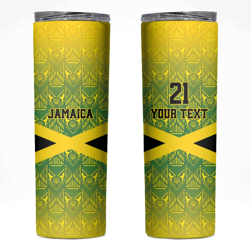 Custom Jamaica Reggae Boyz Skinny Tumbler With Traditional Pattern - Wonder Print Shop