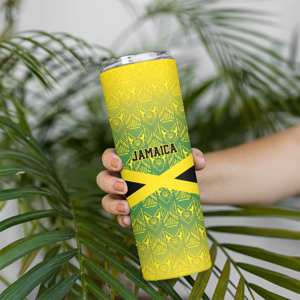 Custom Jamaica Reggae Boyz Skinny Tumbler With Traditional Pattern - Wonder Print Shop