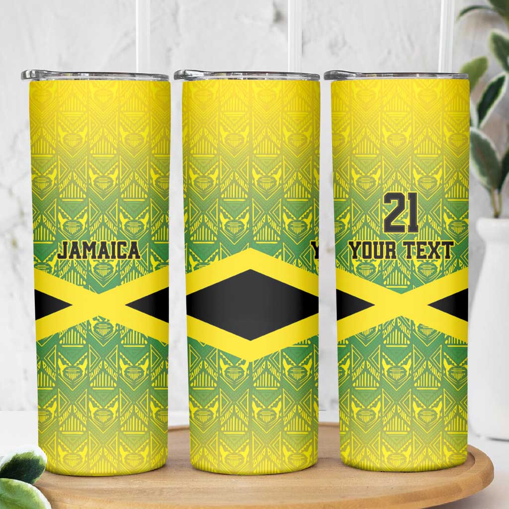 Custom Jamaica Reggae Boyz Skinny Tumbler With Traditional Pattern - Wonder Print Shop