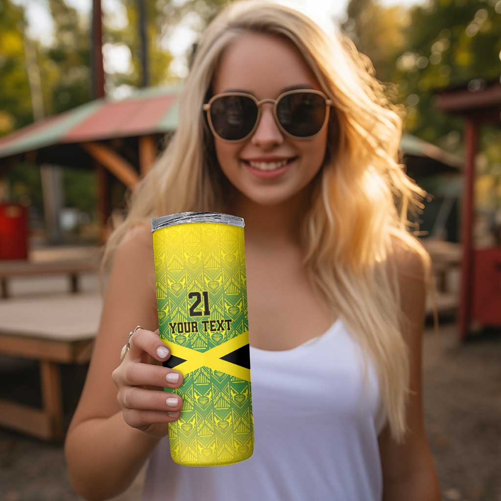 Custom Jamaica Reggae Boyz Skinny Tumbler With Traditional Pattern - Wonder Print Shop